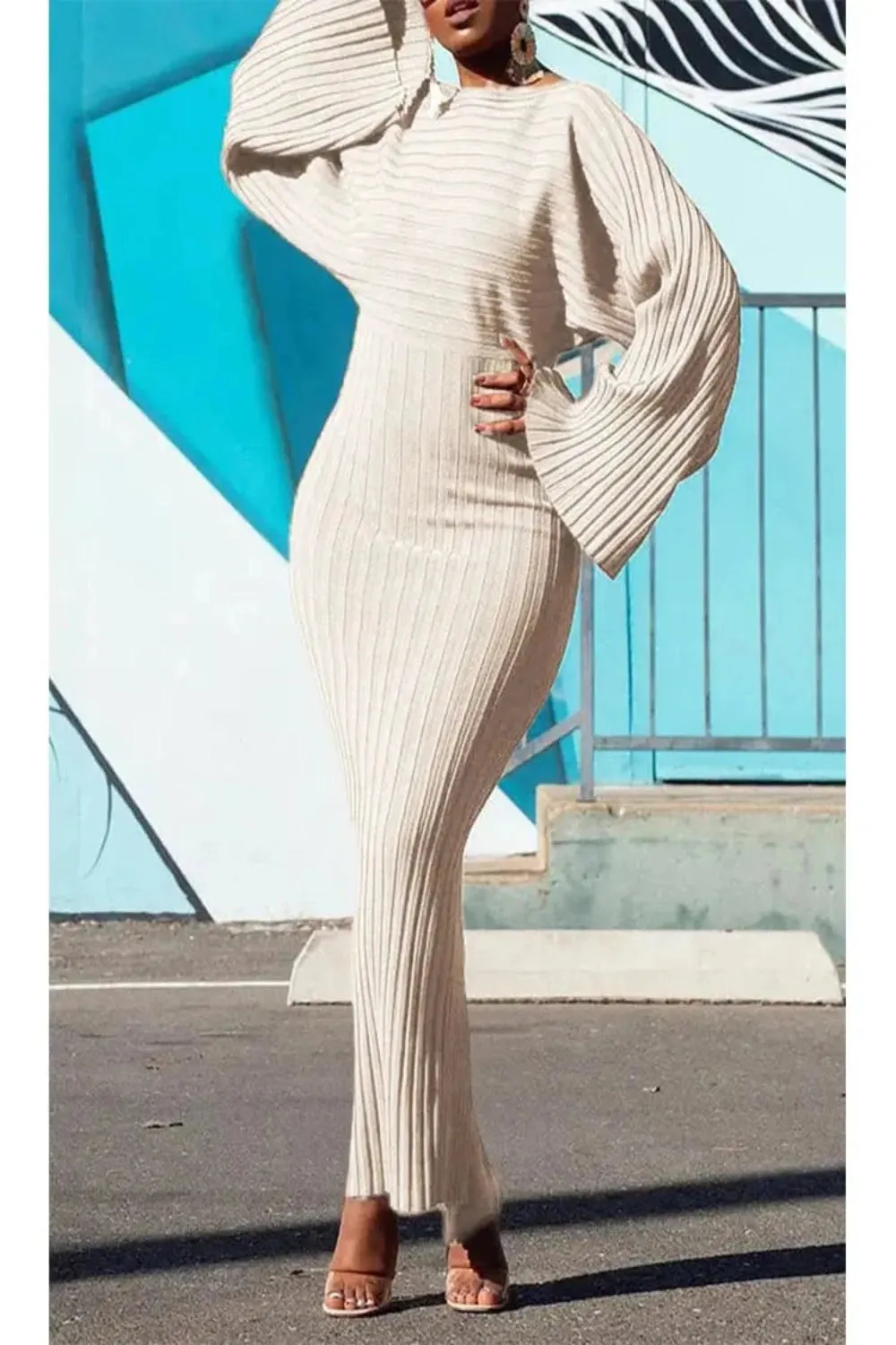 Batwing Sleeve Knit Ribbed Bodycon Dress
