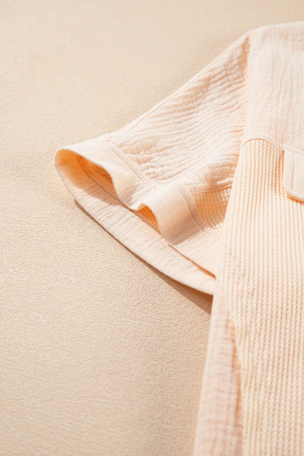 Beige Waffle Splicing Short Batwing Sleeve Flap Detail Shirt