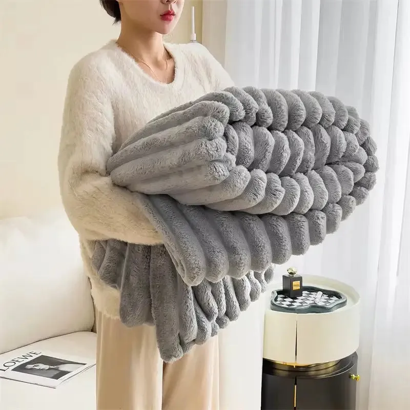 Cozy Faux Rabbit Fur Ribbed Blanket in Cream