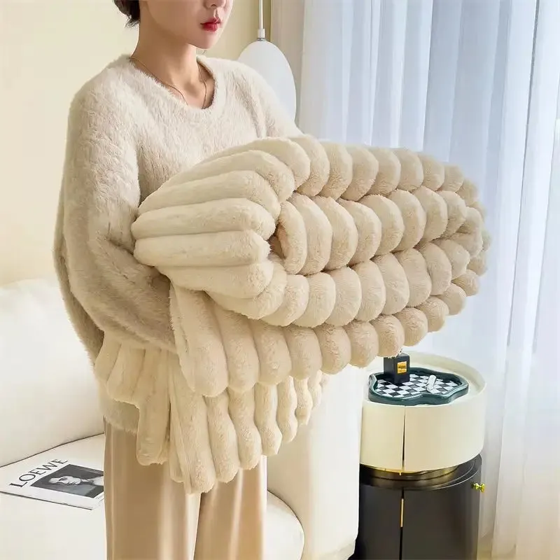Cozy Faux Rabbit Fur Ribbed Blanket in Cream