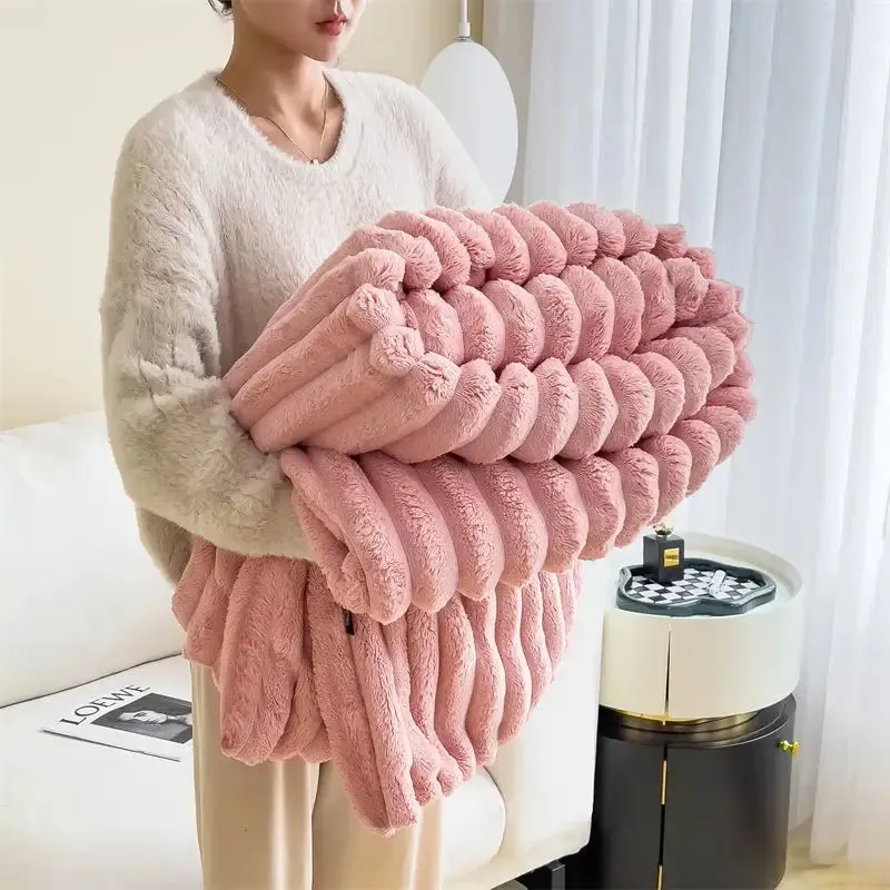 Cozy Faux Rabbit Fur Ribbed Blanket in Cream