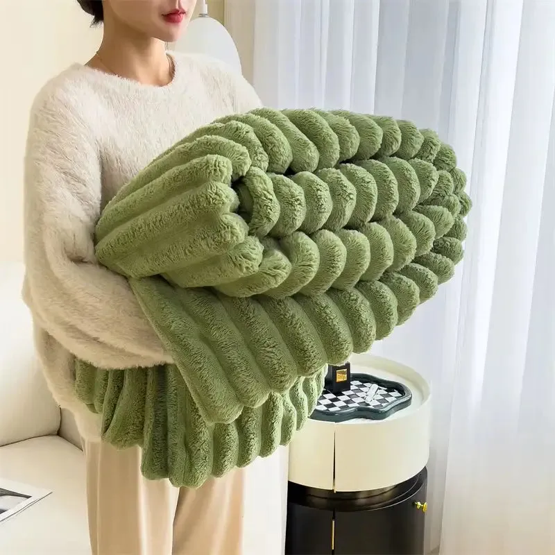 Cozy Faux Rabbit Fur Ribbed Blanket in Cream