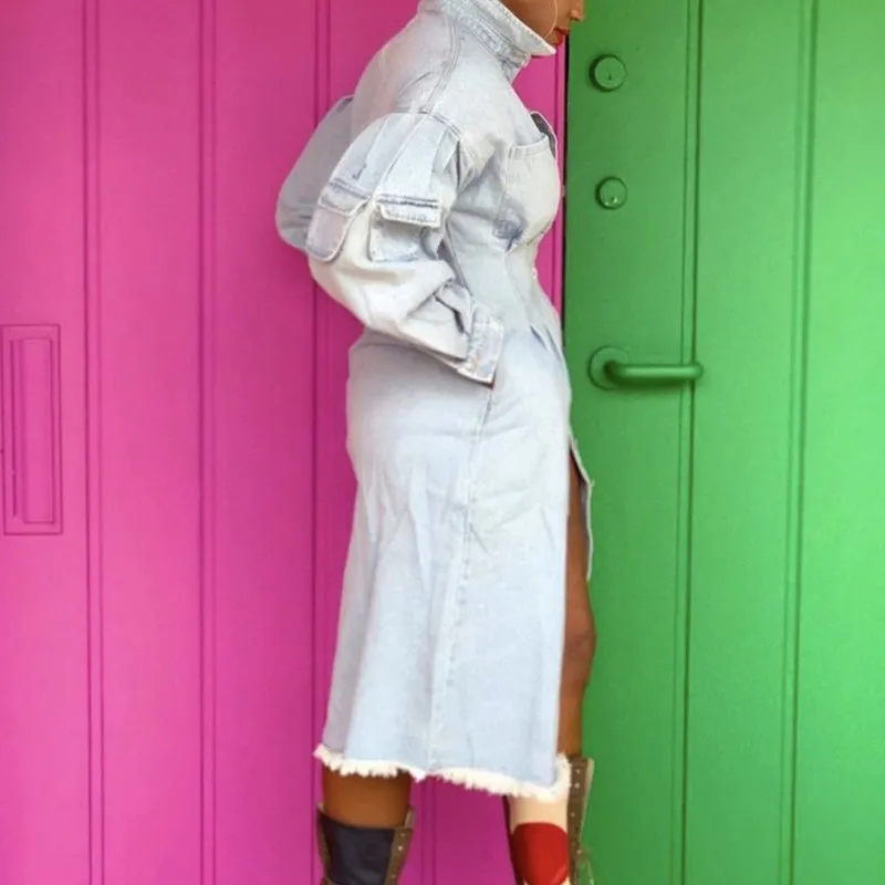 Denim Pocket Button Design Long Sleeve Windbreaker Long Coat Outwear