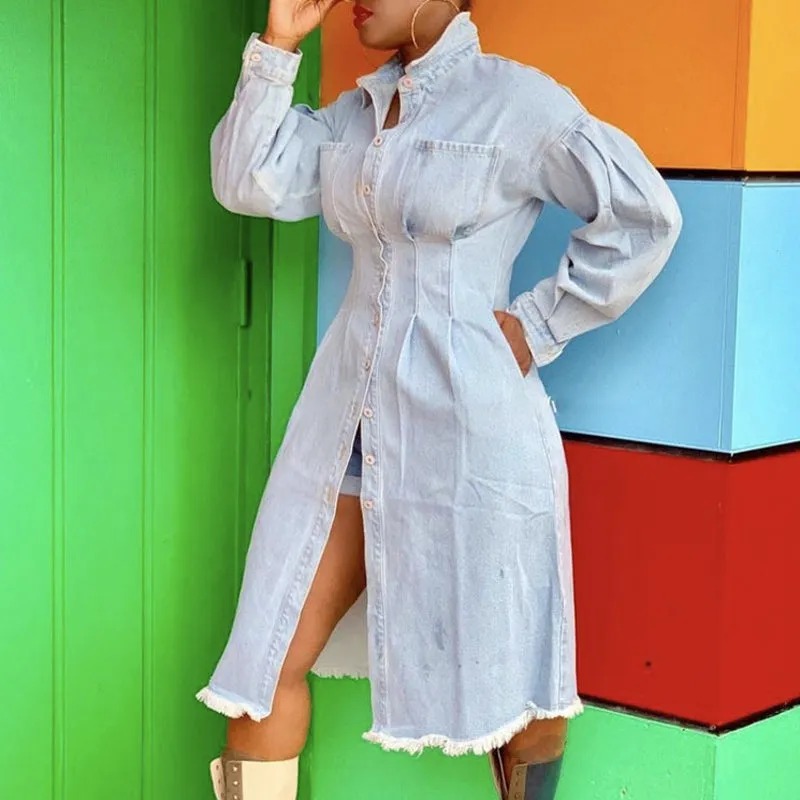 Denim Pocket Button Design Long Sleeve Windbreaker Long Coat Outwear