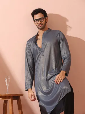 Grey Gold Knit Kurta with Gold Buttons