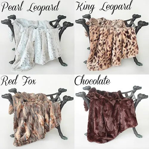 Luxe Dog Blankets in Pearl Leopard, King Leopard, Red Fox, and Chocolate