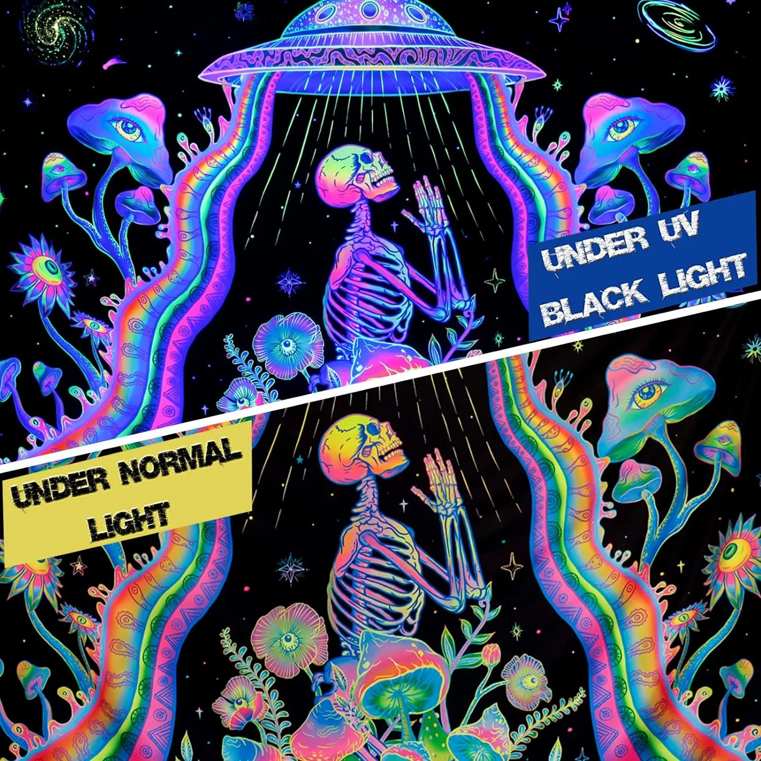 New Galoker Blacklight Skeleton Tapestry Trippy Mushroom Floral Tapestry UV Reactive Alien UFO Tapestry Galaxy Space Tapestry Wall Hanging for Home Decor(H39.4×W52.4 inches)