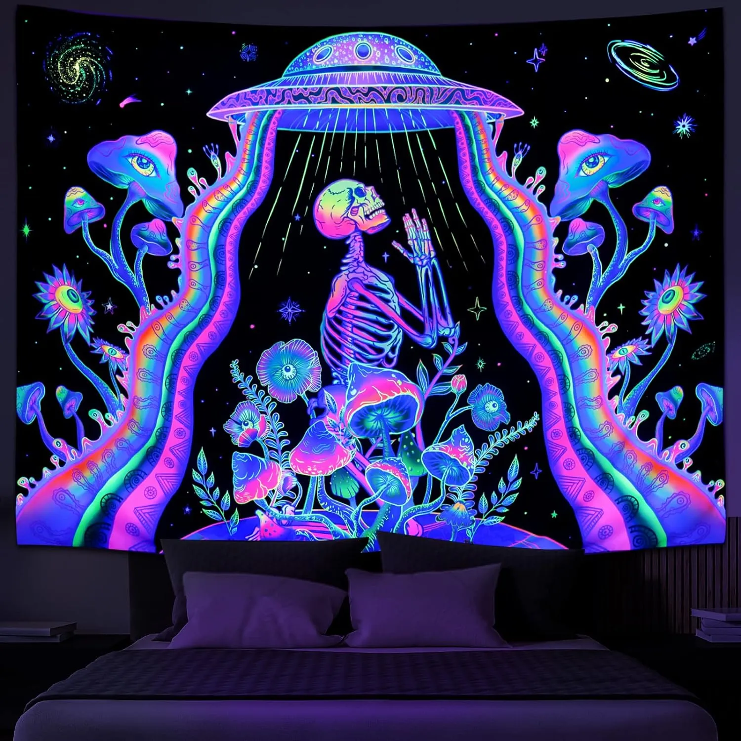 New Galoker Blacklight Skeleton Tapestry Trippy Mushroom Floral Tapestry UV Reactive Alien UFO Tapestry Galaxy Space Tapestry Wall Hanging for Home Decor(H39.4×W52.4 inches)