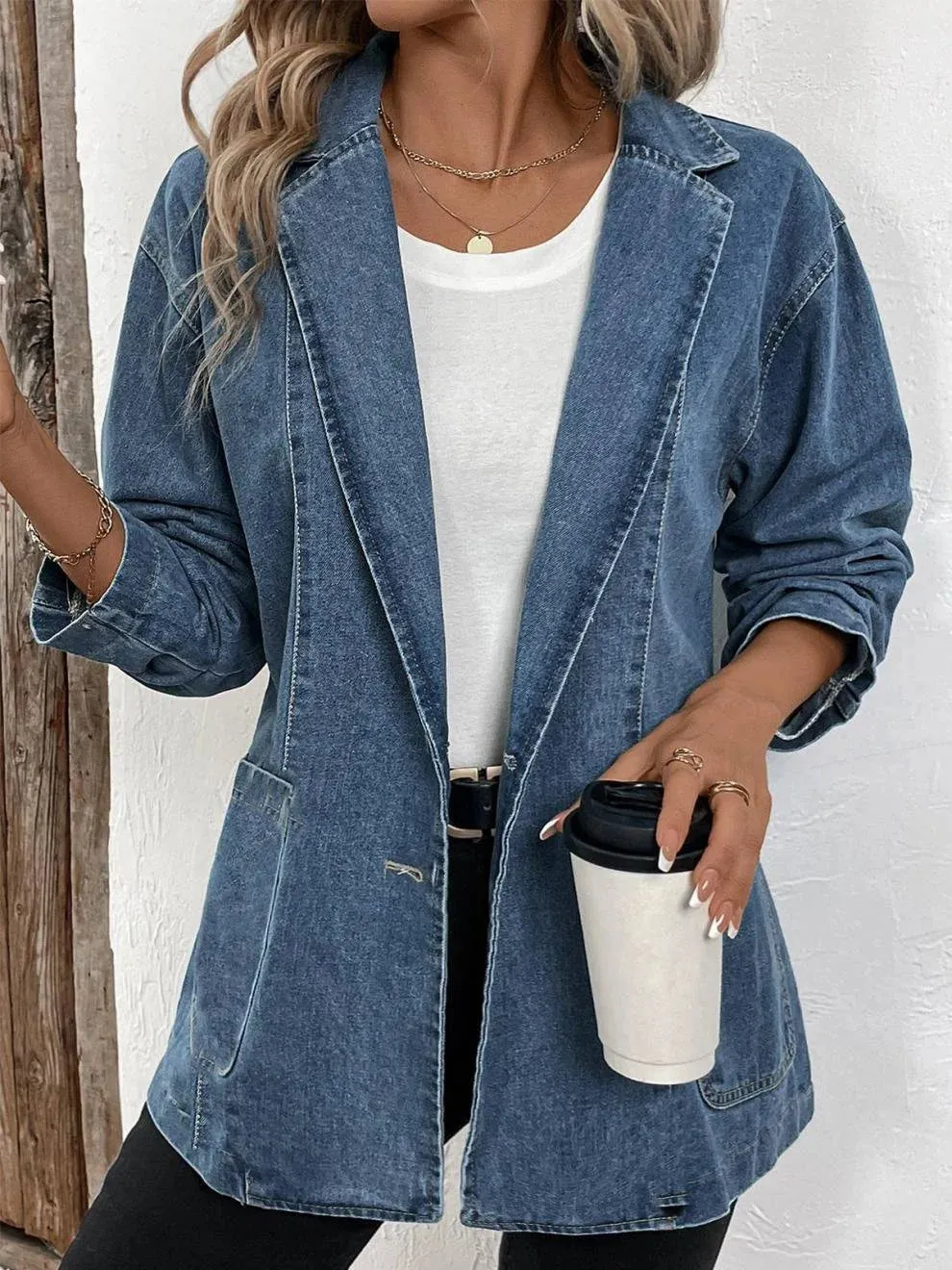 New Women's Autumn Outerwear Casual Denim Plain Long Sleeve Shawl Collar Jacket Fits Plus Sz 18 Retails $76 