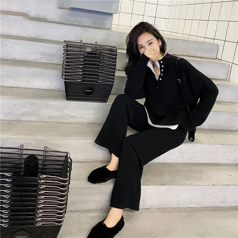 Warm Casual Knitted Pant Set Women's Long Sleeve Pullover & Elastic Waist Wide Leg Pants Sweater Set