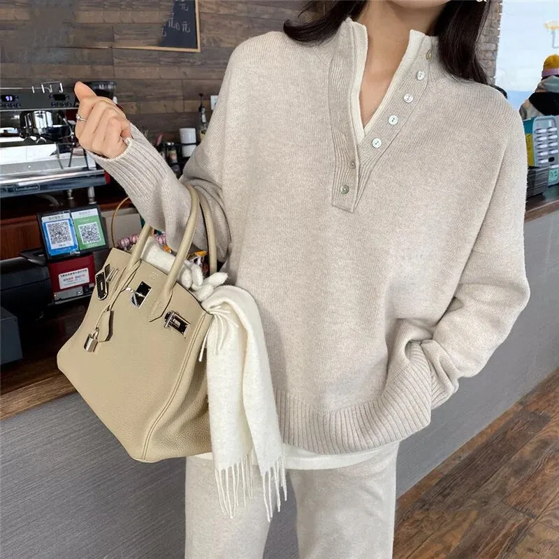 Warm Casual Knitted Pant Set Women's Long Sleeve Pullover & Elastic Waist Wide Leg Pants Sweater Set