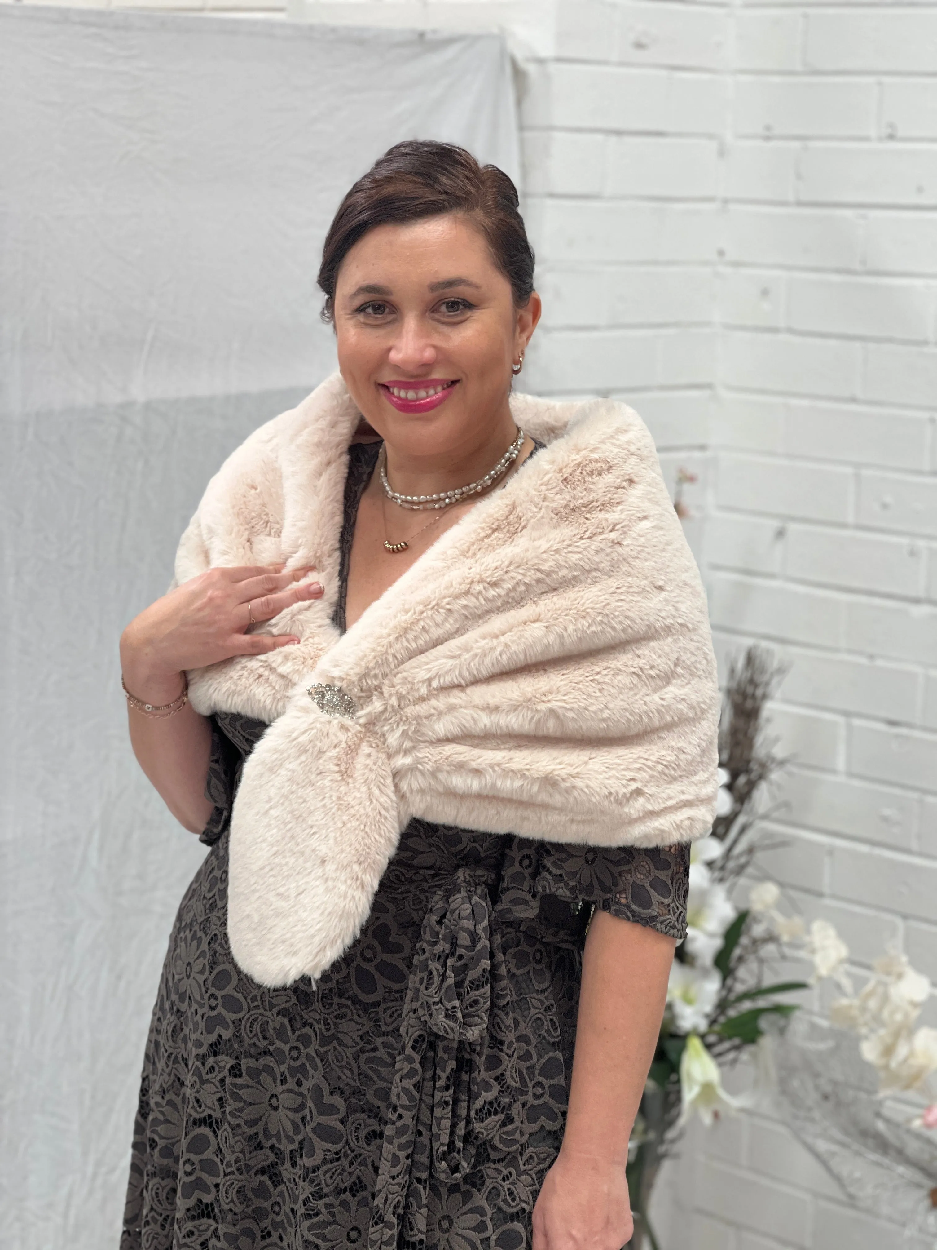 Yannis Cream Faux Fur Shawl